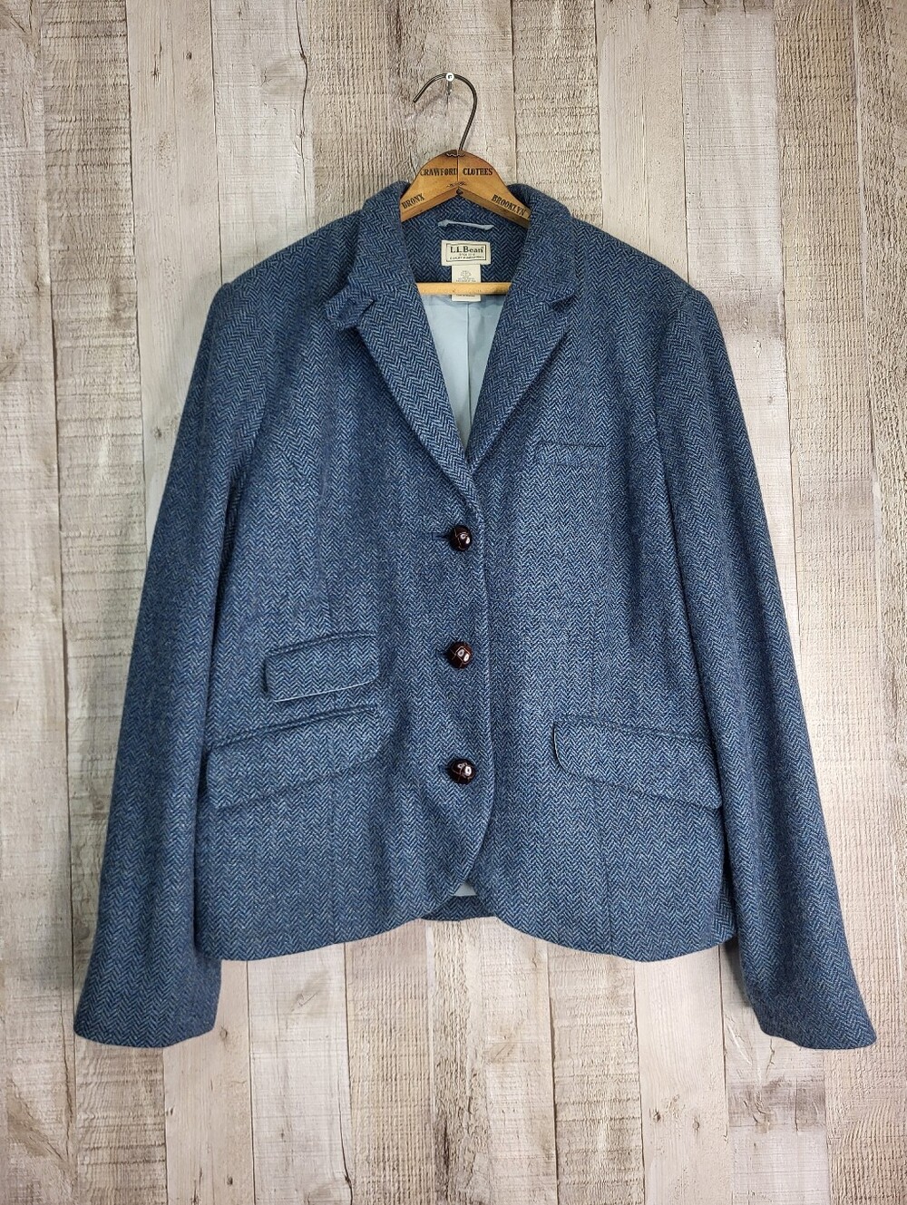 L.L. Bean Women's Blue Herringbone Wool Blend Blazer. Size 16. 0JQT6
